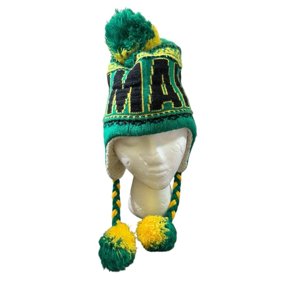 Robin Ruth Jamaica Rasta Colors Earflap Fleece Lined Trapper Hat Pom Poms